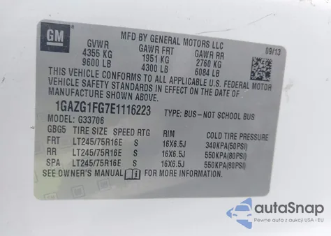 2014 Chevrolet Express G3500 Lt из США, поврежденный, VIN 1GAZG1FG7E1116223